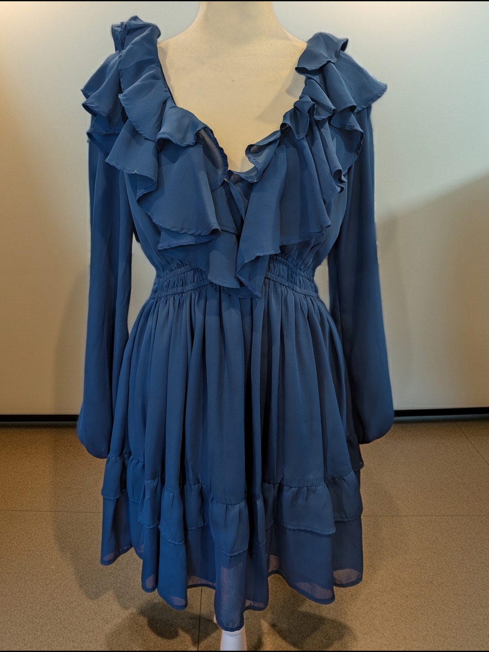 Abercrombie & Fitch Navy Blue Ruffle Long-Sleeve Dress